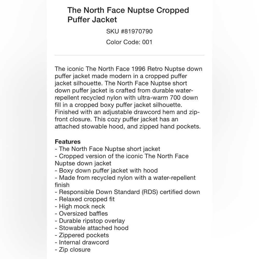 Urban Outfitters x North Face Nuptse Cropped Puffer Jacket Size Large NEW - Picture 4 of 12